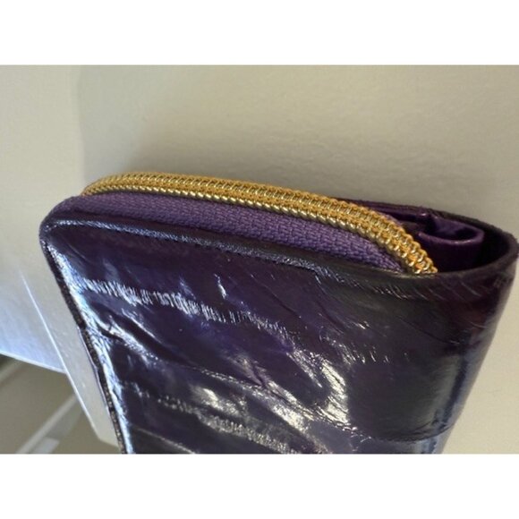 Purple Eel Skin BiFold Wallet Gold Toned Zipper Zip Around Snap Cards bills Vtg - Picture 7 of 11
